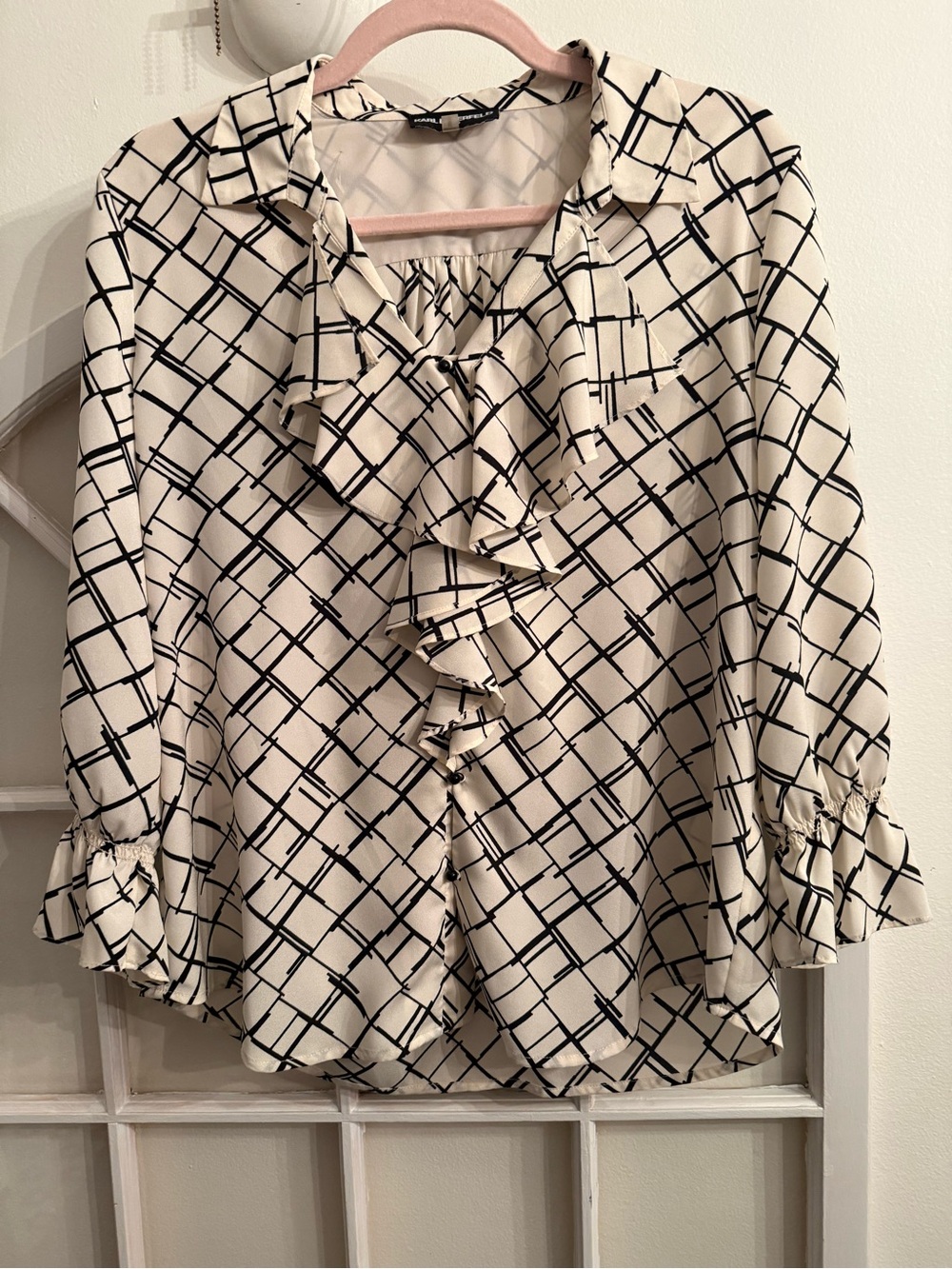 KARL LAGERFELD PARIS Ruffle Front Grid Print Blouse Cream Bell Sleeve Medium